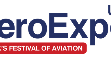 Logo of AeroExpo UK featuring blue letters, red subhead that says "The UK's Festival of Aviation"