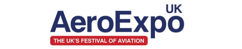 Logo of AeroExpo UK featuring blue letters, red subhead that says "The UK's Festival of Aviation"