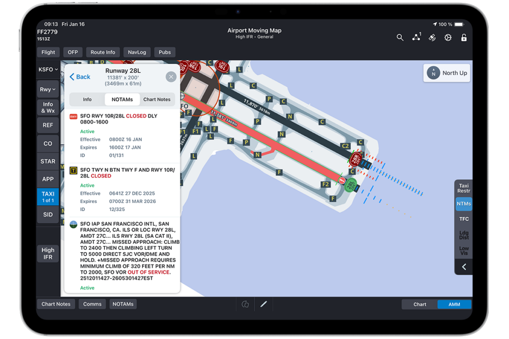 Graphical NOTAM depicting a closed taxiway at SFO with Smart Airport Maps in FliteDeck Pro allows pilots to visualize critical information within their EFB on their airport map.