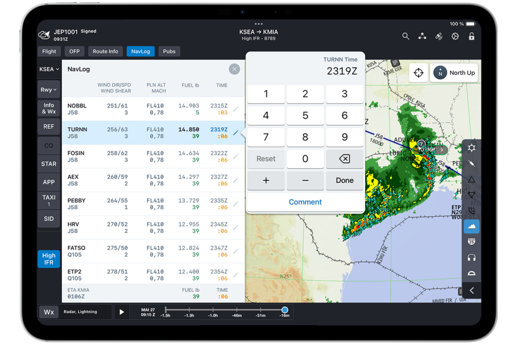 The digital NavLog in Jeppesen’s Briefing Module is integrated with FliteDeck Pro, allowing pilots to keep real-time tracking of waypoints, fuel, time, and performance without leaving their enroute map.