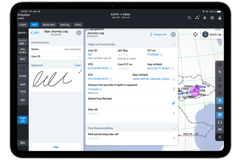 With an integrated EFB, pilots can complete forms and any related signatures for flight within their EFB. Jeppesen’s integrated Briefing Module allows pilots to do just that without leaving the FliteDeck Pro app.