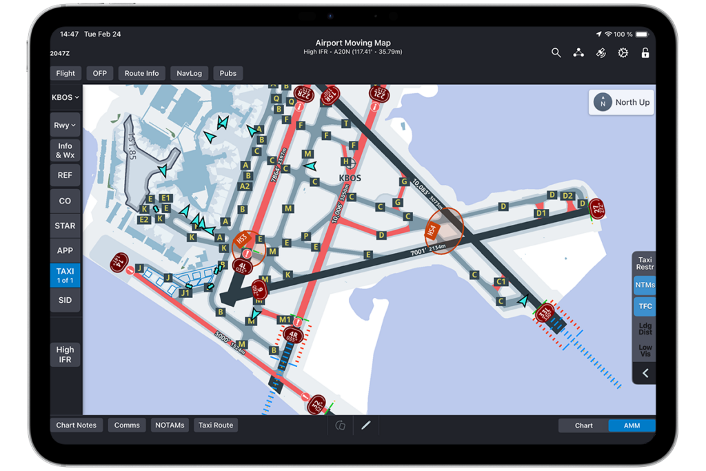 Long taxi times depicted at Boston Logan Airport during a winter storm on Smart Airport Maps in FliteDeck Pro.