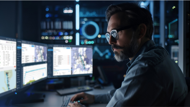 Dispatcher reviewing Jeppesen Dispatch platform.