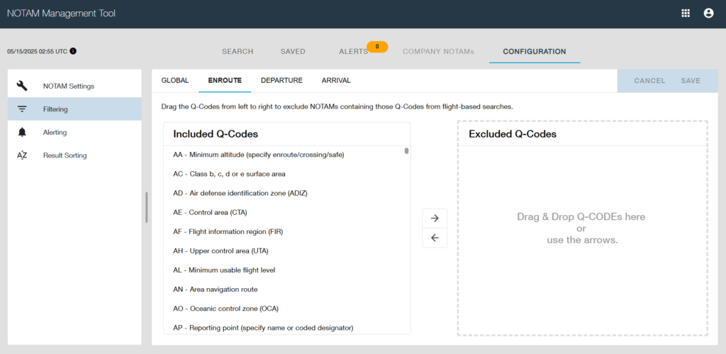 Global filtering to exclude irrelevant NOTAMs affiliated with specific Q-codes