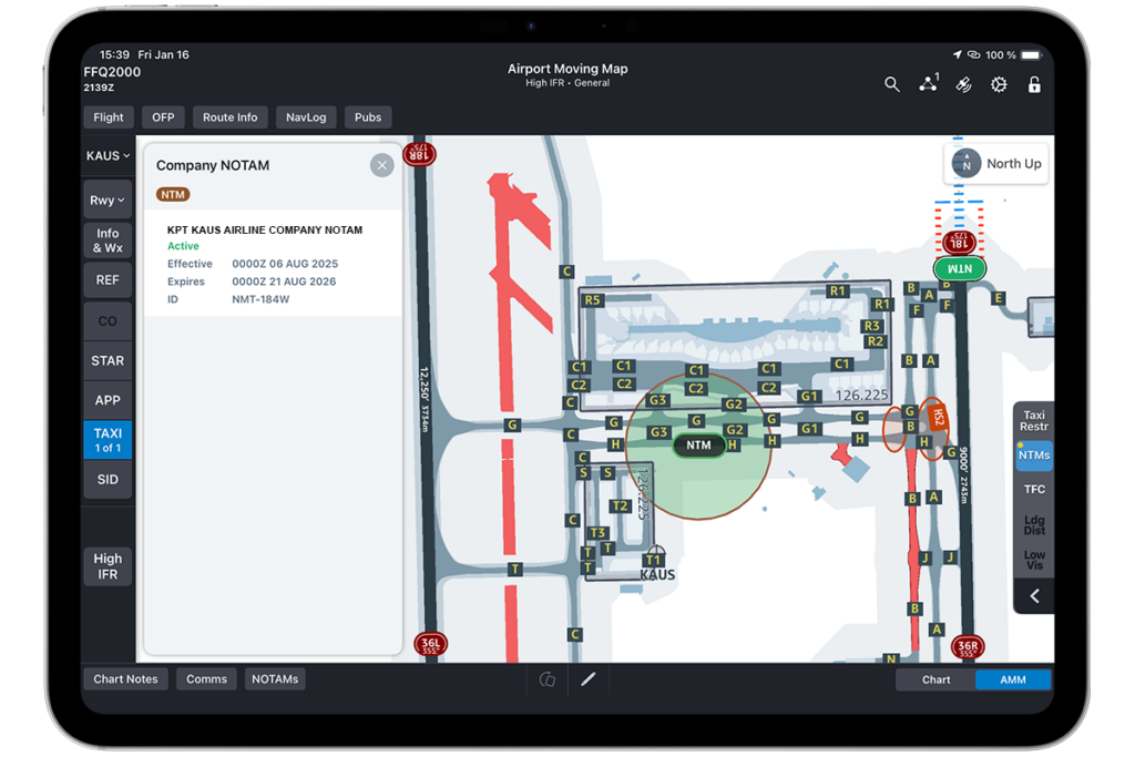 Graphical Company NOTAMs depicted on FliteDeck Pro AMM and Enroute for those who subscribe to the NCS portal (NOTAM Cloud Service) and use the NMT (NOTAM Management Tool).