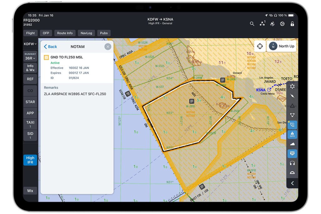 Graphical NOTAM depicting an active Warning Area on the FliteDeck Pro enroute map.