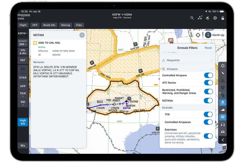 Graphical NOTAM depicting an unusable portion of an airway on the FliteDeck Pro enroute map.
